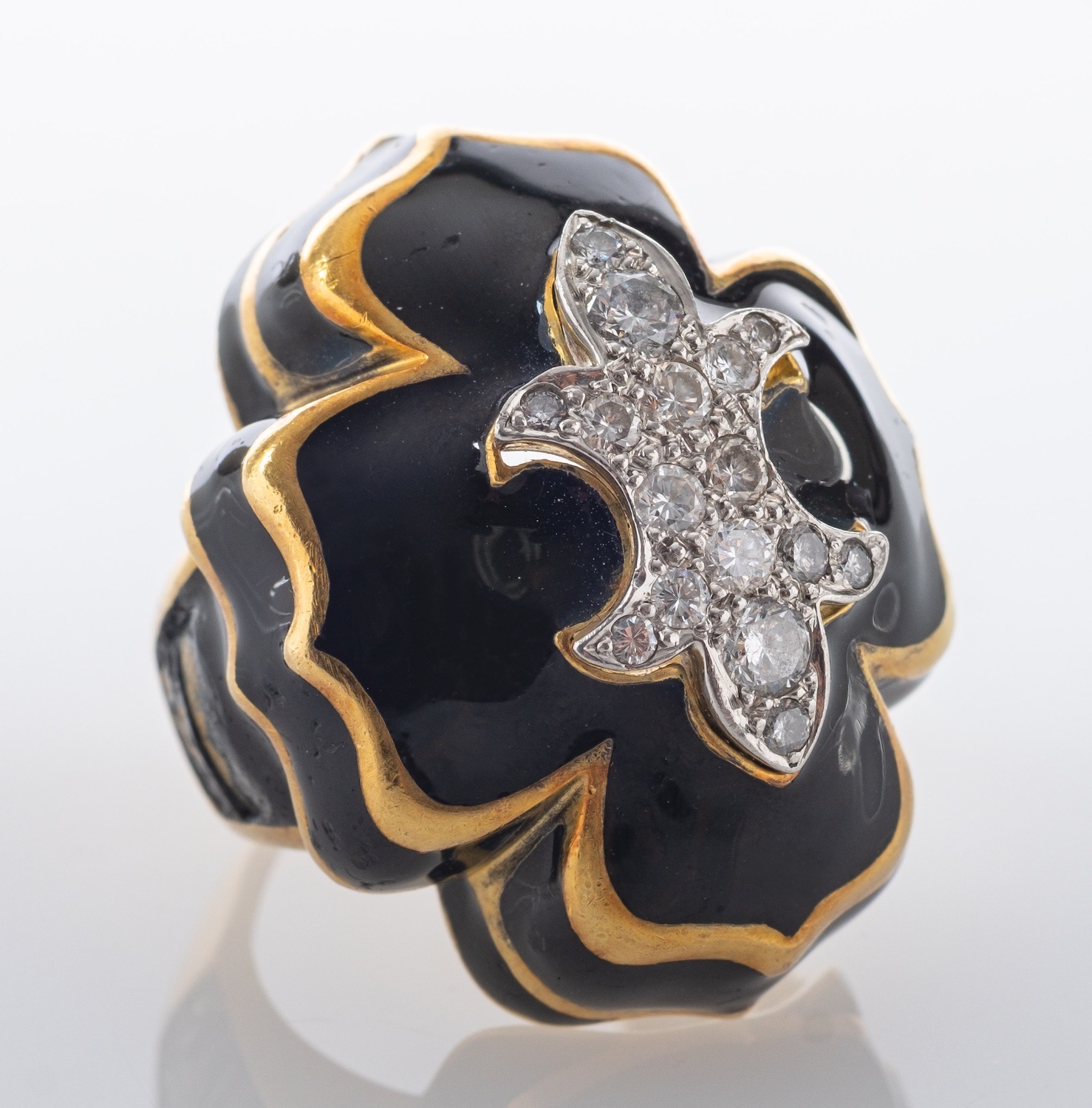 A Chrome Hearts style black enamel and round, brilliant-cut diamond ring, with a fleur de lys motif, - Image 2 of 2