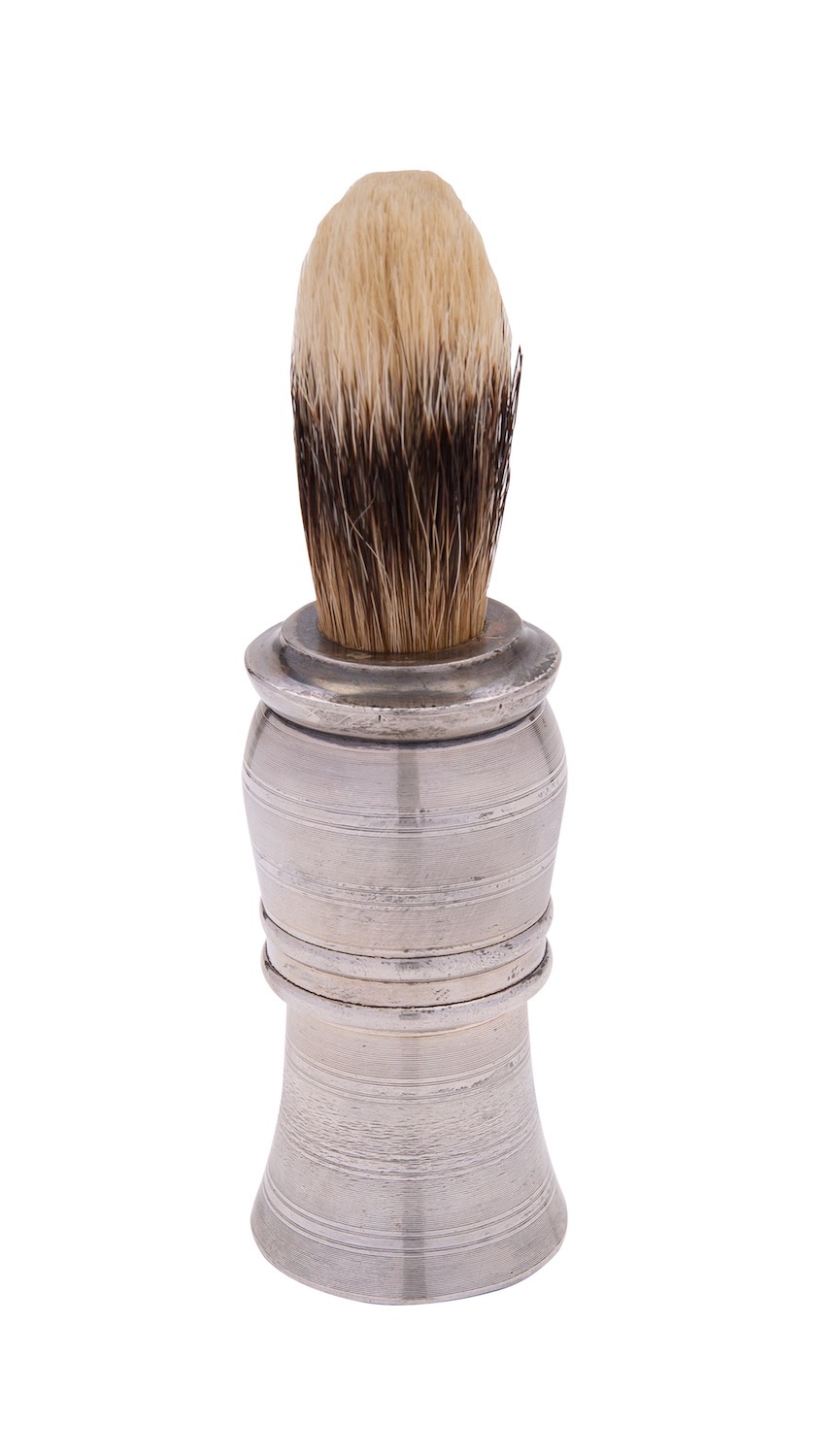 A silver handled shaving brush by British Metallising Co. Ltd, London 1935, linear engraved, 12.