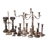 A mixed collection of silver plated candlesticks, including: a pair by Elkington and Co, Birmingham,