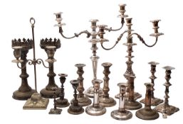 A mixed collection of silver plated candlesticks, including: a pair by Elkington and Co, Birmingham,