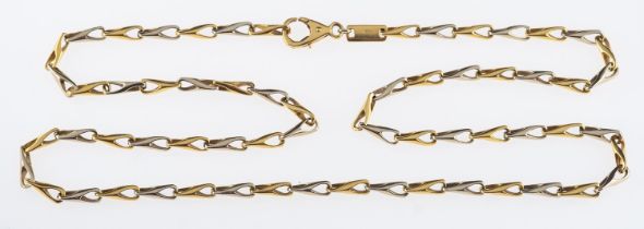 A white & yellow gold chain necklace of twisted loop links, marks for 18ct gold,