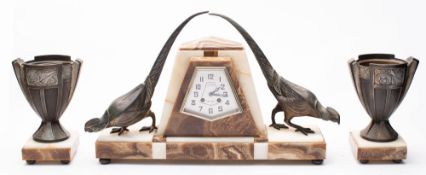 An Art Deco marble clock with pheasants