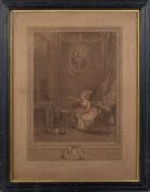 A pair of early 19th Century French engravings with interior scenes, each 43 x 32cm,