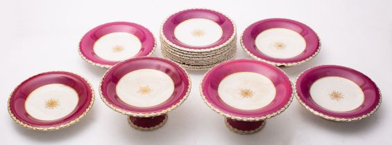 A Staffordshire pottery part dessert service comprising;