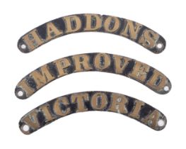Three curved brass name plates (Haddons, Victoria, Improved), probably 1:10 name plates, 16.