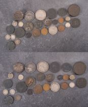 A collection of mixed coins including a cartwheel twopence.