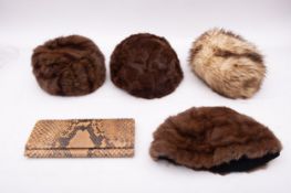 A late 20th century snake skin ladies purse, together with 4 fur hats,