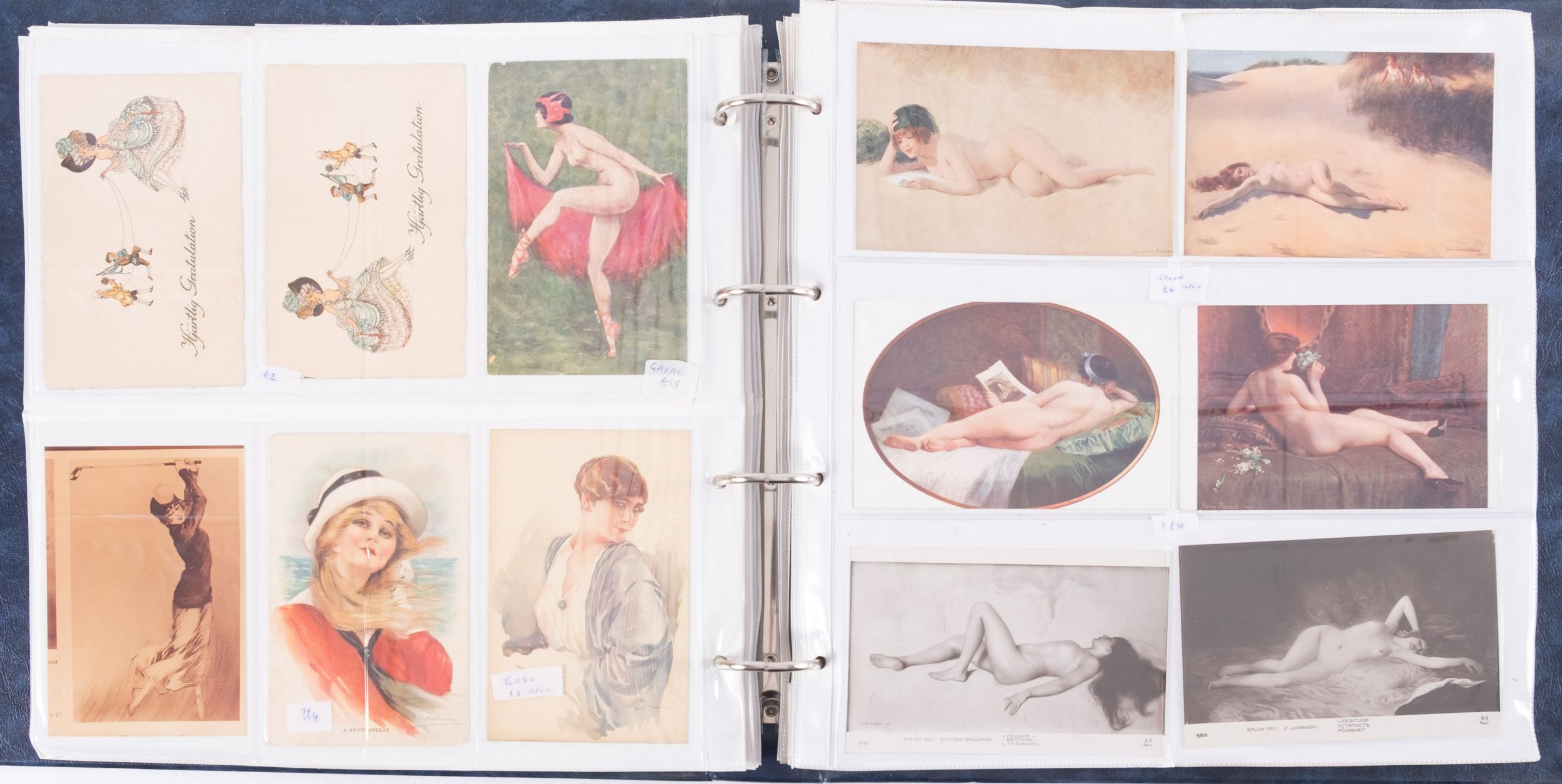 An album of postcards to include Fidlers, French Saloon, glamour, nudes, Negro's, comic and others,