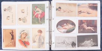 An album of postcards to include Fidlers, French Saloon, glamour, nudes, Negro's, comic and others,