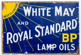 An enamel BP sign- White May and Royal standard lamp oils, 30.5x 45cm.