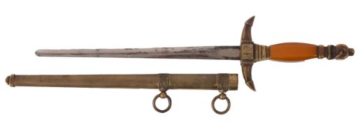 A Russian Naval dirk, the straight double edge blade over a brass anchor hilt engraved 'C.