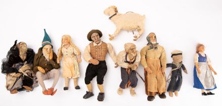 A group of six continental linen head dolls, maker Olga Blok, comprising a farmer and wife,