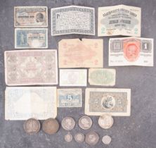 An 1897 half crown, 1935 crown, 1817 half crown, two 1834 half crowns with banknotes etc.