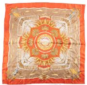 A Hermes orange silk scarf of 'Railing' pattern, after the design of J.Metz circa 1998 90 x 90cm.