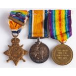 A WWI trio comprising of 1914 Star with clasp and rosette, War Medal, and Victory Medal,