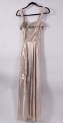 An ivory coloured satin evening dress with floral beadwork, circa 1930s,