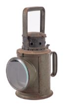 A railway oil hand-held lamp or lantern, mid 20th century, unmarked, painted steel,