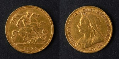 WITHDRAWN A Victorian half sovereign gold coin, dated 1894, diameter ca. 19mms, total weight ca. 3.