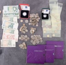 A collection of GB coins and notes, including 1990 Silver Piedfort 5p coin,