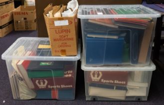 A large accumulation of stamps and covers in three plastic crates and a box with main interest in