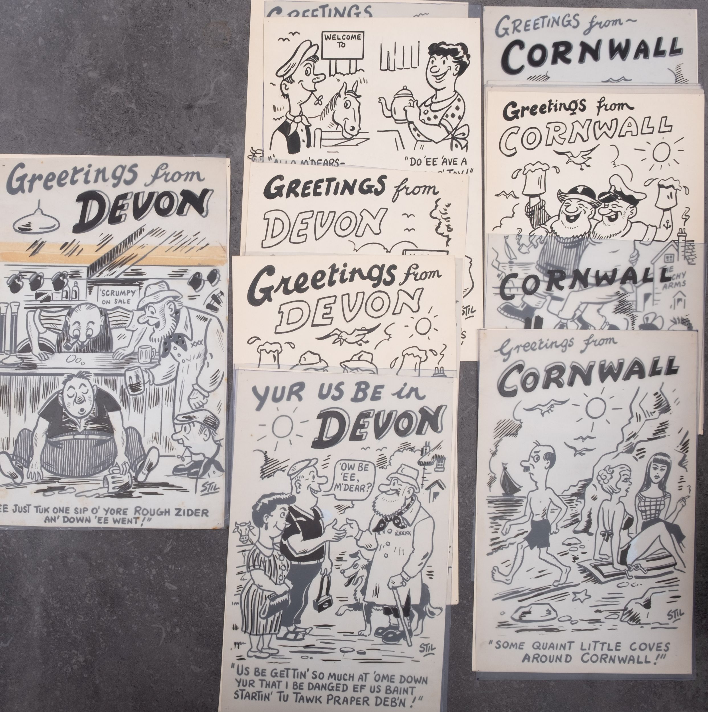 G W Stillings 'Stil' (1907-1967) A group of twelve original postcard cartoon proofs from the - Image 2 of 2