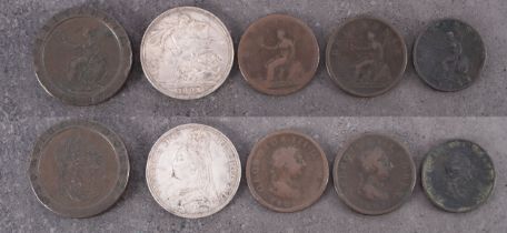 An 1891 crown, 1797 cartwheel two pence with three Georgian coppers.