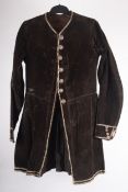 A gentleman's court brown velvet tailcoat with silver metal embroidery to the trims and silver