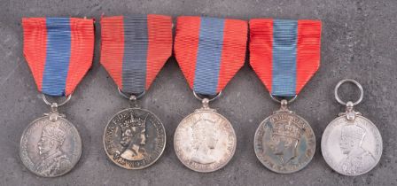 A group of five Imperial Service Medals, GRV to ERII, three in cases of issue.