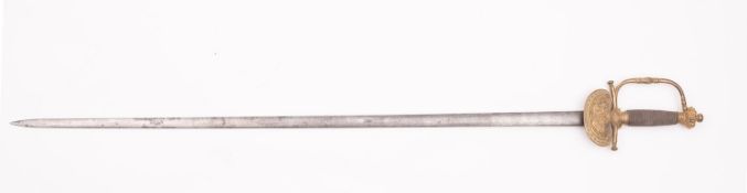 A Victorian Court sword, the straight double edged blade with acid etched decorations,