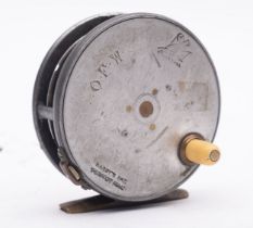 A Hardy 'Perfect' 3 inch reel, stamped as per title and engraved with the initials 'OFM',