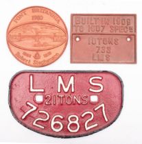 A LMS 21 tonnes wagon plate, '726827', together with a LMS 10 tonnes wagon plate,