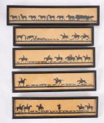 A series of five lithograph hunting silhouettes, 'Good Morning Sir' etc, 6.5 x 31.