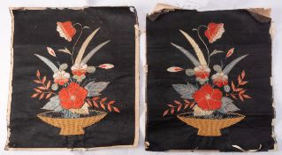 A pair of Chinese silk long stitch pictures still life of flowers, 42 x 40cm.