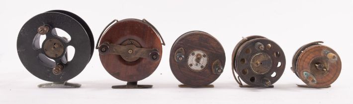 A large alloy and mahogany sea fishing reel, twin line guards and twin bakelite handles, 4 1/2inch,