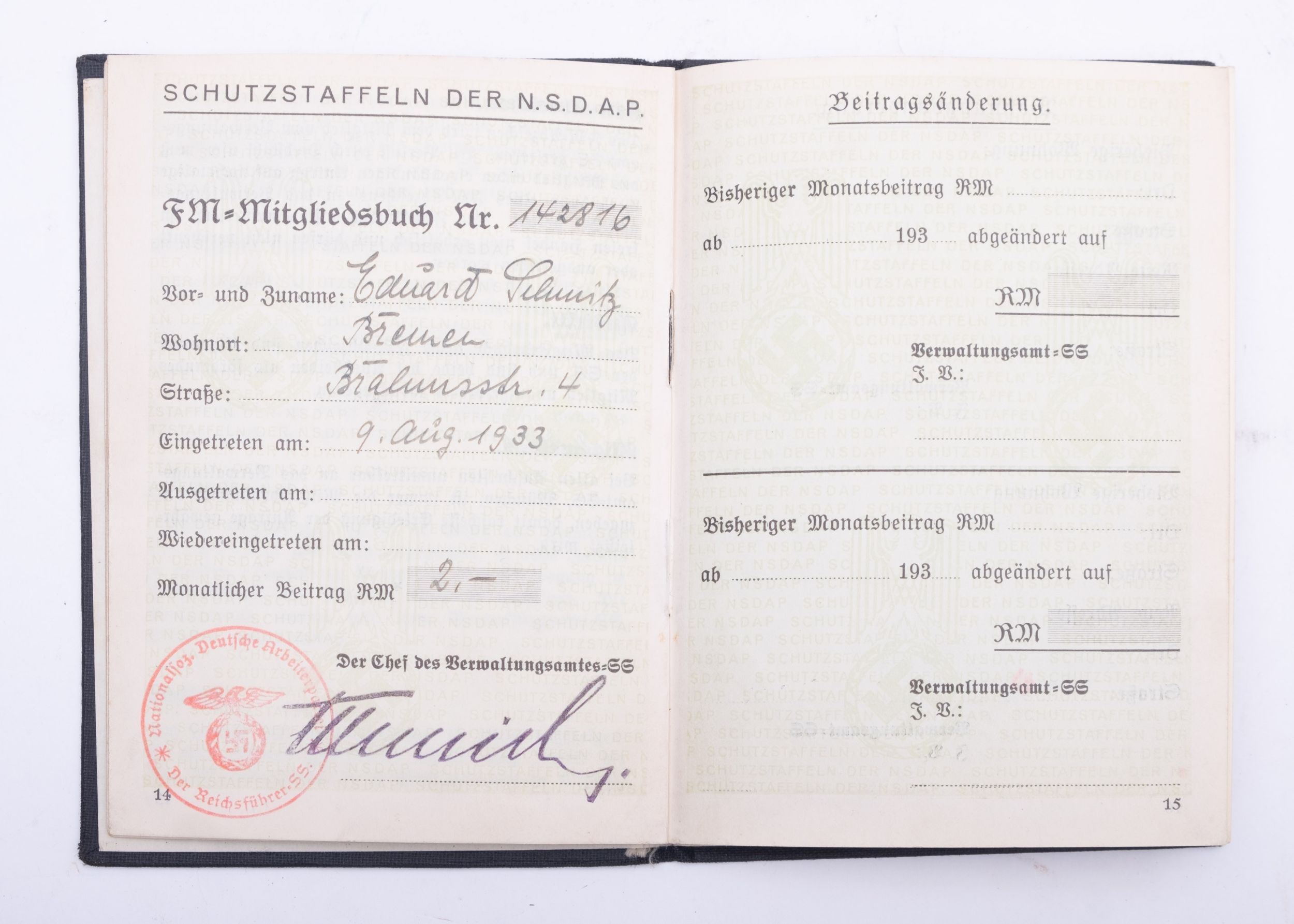 A WWII German NSDAP members handbook, dated 9 August, 1933 No 142816, black cloth stamped boards. - Image 4 of 4