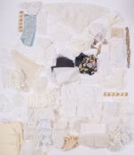 A box of hand-worked lace lengths including two bobbin wedding veils, a Honiton lace shoulder shawl,