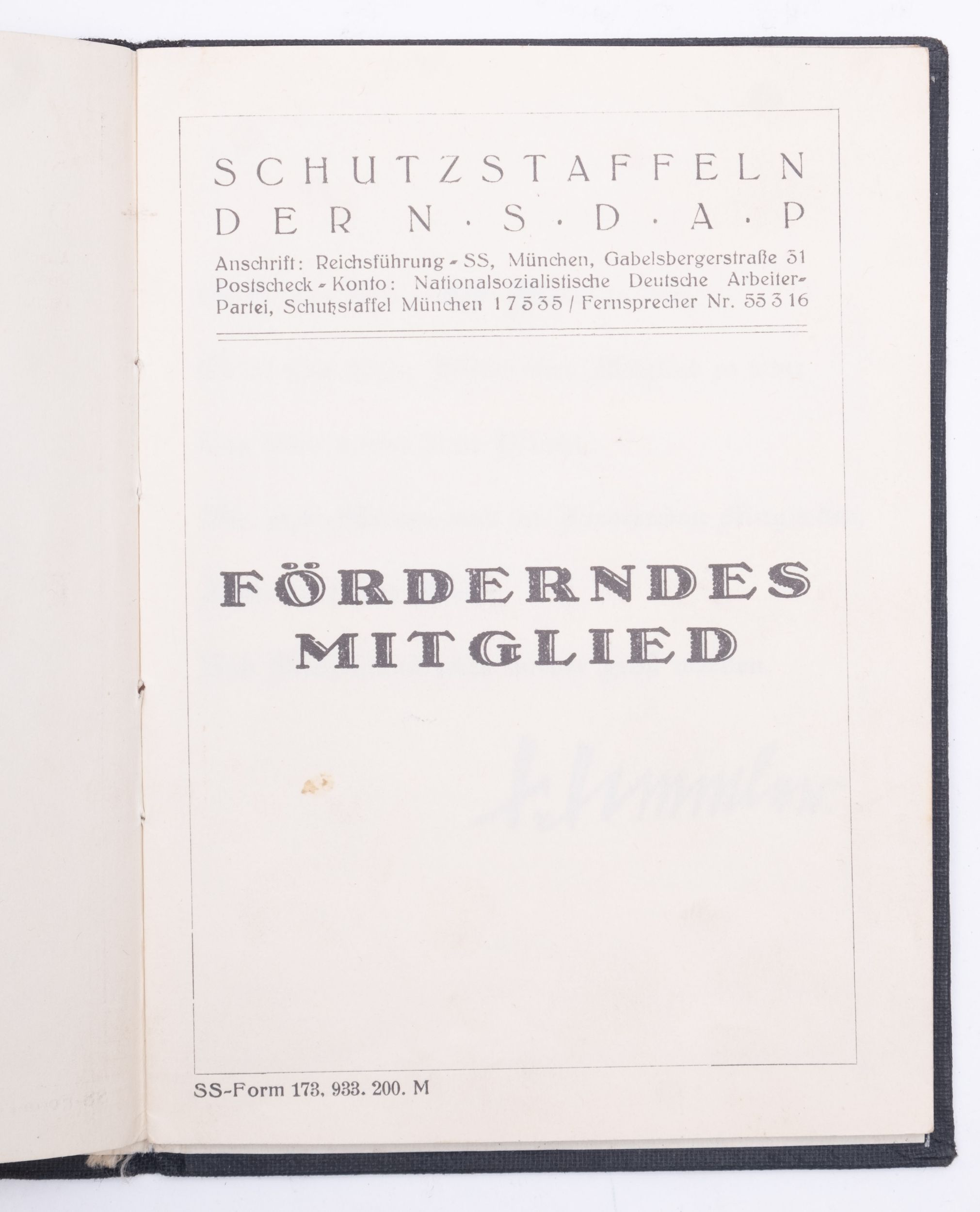A WWII German NSDAP members handbook, dated 9 August, 1933 No 142816, black cloth stamped boards. - Image 2 of 4