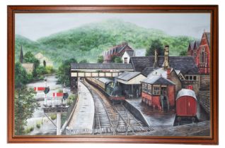 Carl Henderson (British, 20th Century) Llangollen station Oil on canvas 90 x 143.