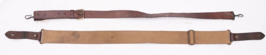 A George VI British Infantry Officer's sword and leather scabbard and two rifle slings (3)