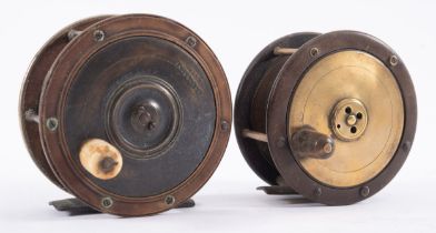 Two Carter & Son, London ebonite and brass 4 1/2inch salmon fishing reel,