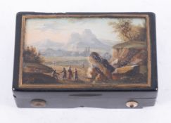 A late 19th century continental Bakelite musical box, the cover inset watercolour landscape,