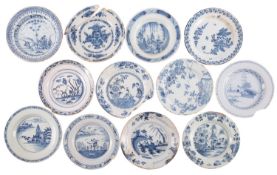 A group of sixteen English and Dutch blue and white delftware plates 18th century one initialled to