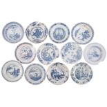 A group of sixteen English and Dutch blue and white delftware plates 18th century one initialled to