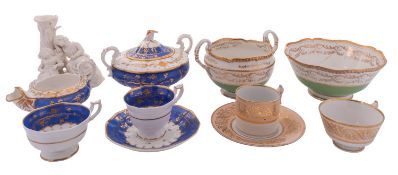 A mixed lot of 19th century English porcelain including a blue and gilt sucrier and cover,