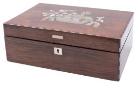 A Victorian mother of pearl and rosewood sewing box the lid inlaid and engraved with a basket of