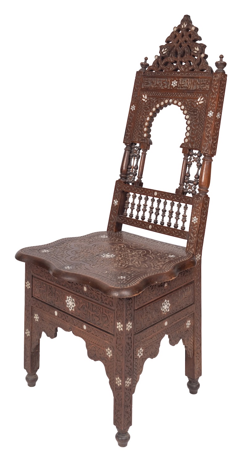 A Levantine carved hardwood and mother-of-pearl inlaid side chair,