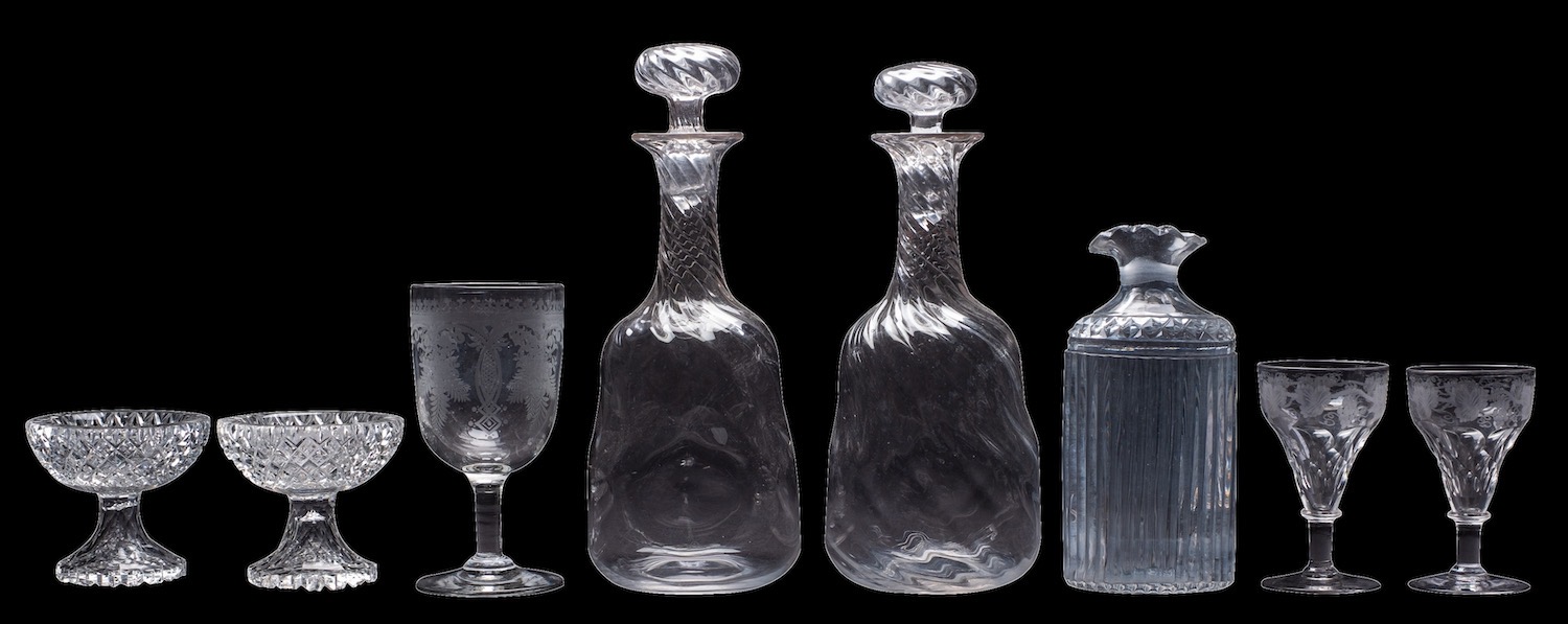 A mixed lot of glassware including a set of eleven Waterford small wine or sherry glasses;