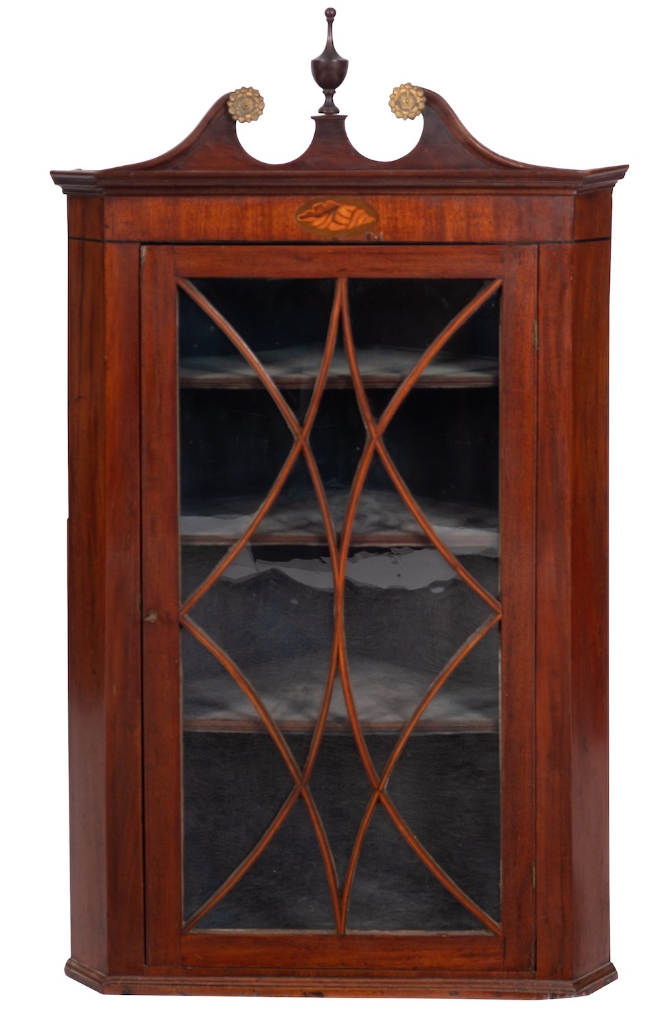 A George III mahogany and glazed hanging corner cabinet,