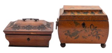 A Regency painted maple tea caddy, circa 1815; of bombe sarcophagus form,