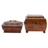 A Regency painted maple tea caddy, circa 1815; of bombe sarcophagus form,